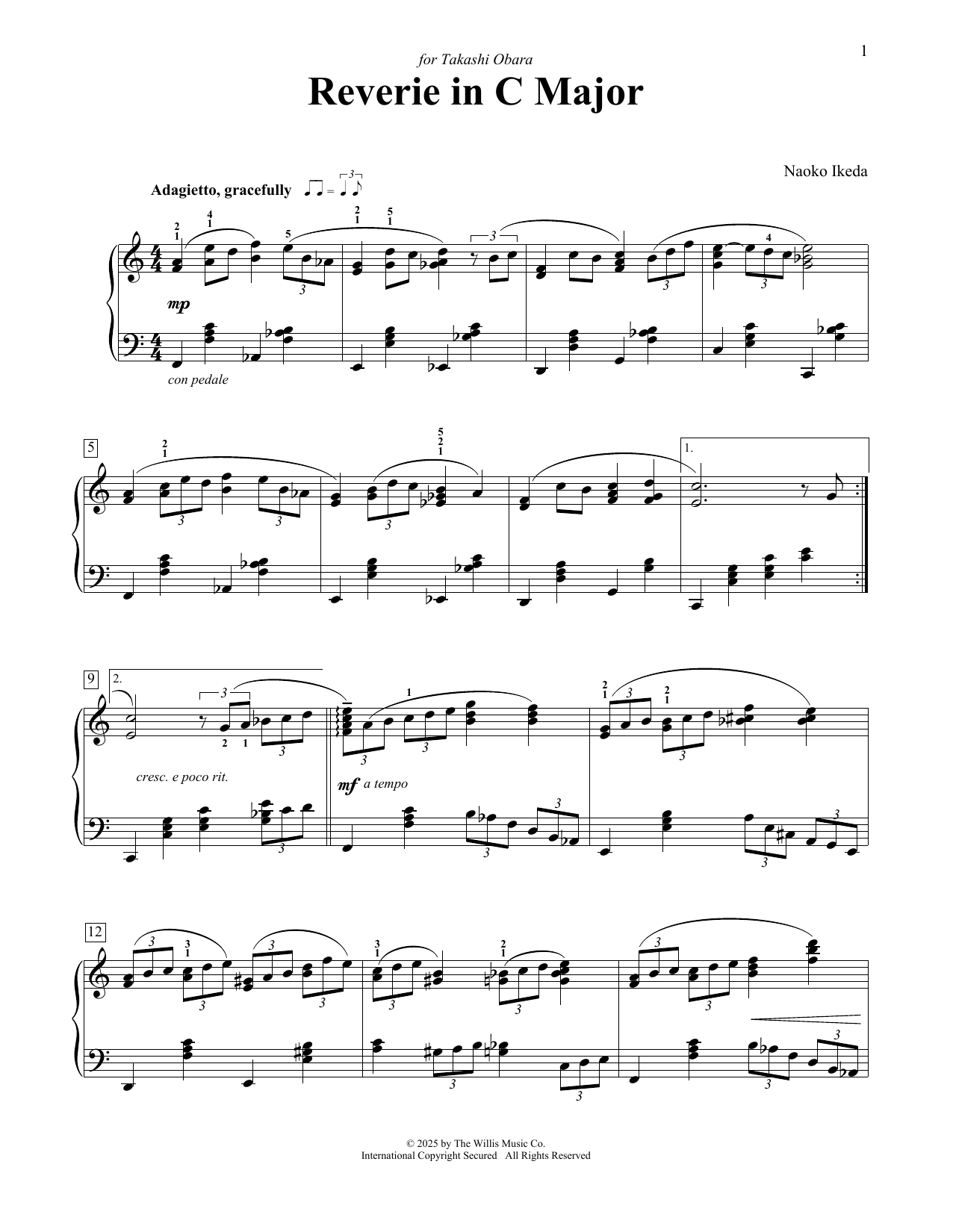 Naoko Ikeda Reverie In C Major sheet music notes and chords arranged for Educational Piano