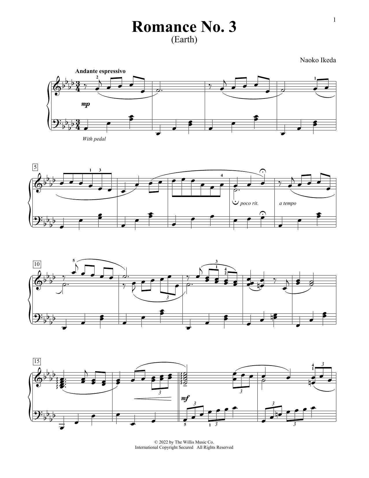 Naoko Ikeda Romance No. 3 (Earth) sheet music notes and chords arranged for Educational Piano