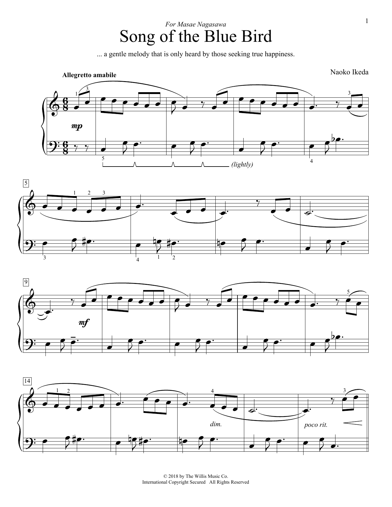 Naoko Ikeda Song Of The Blue Bird sheet music notes and chords arranged for Educational Piano