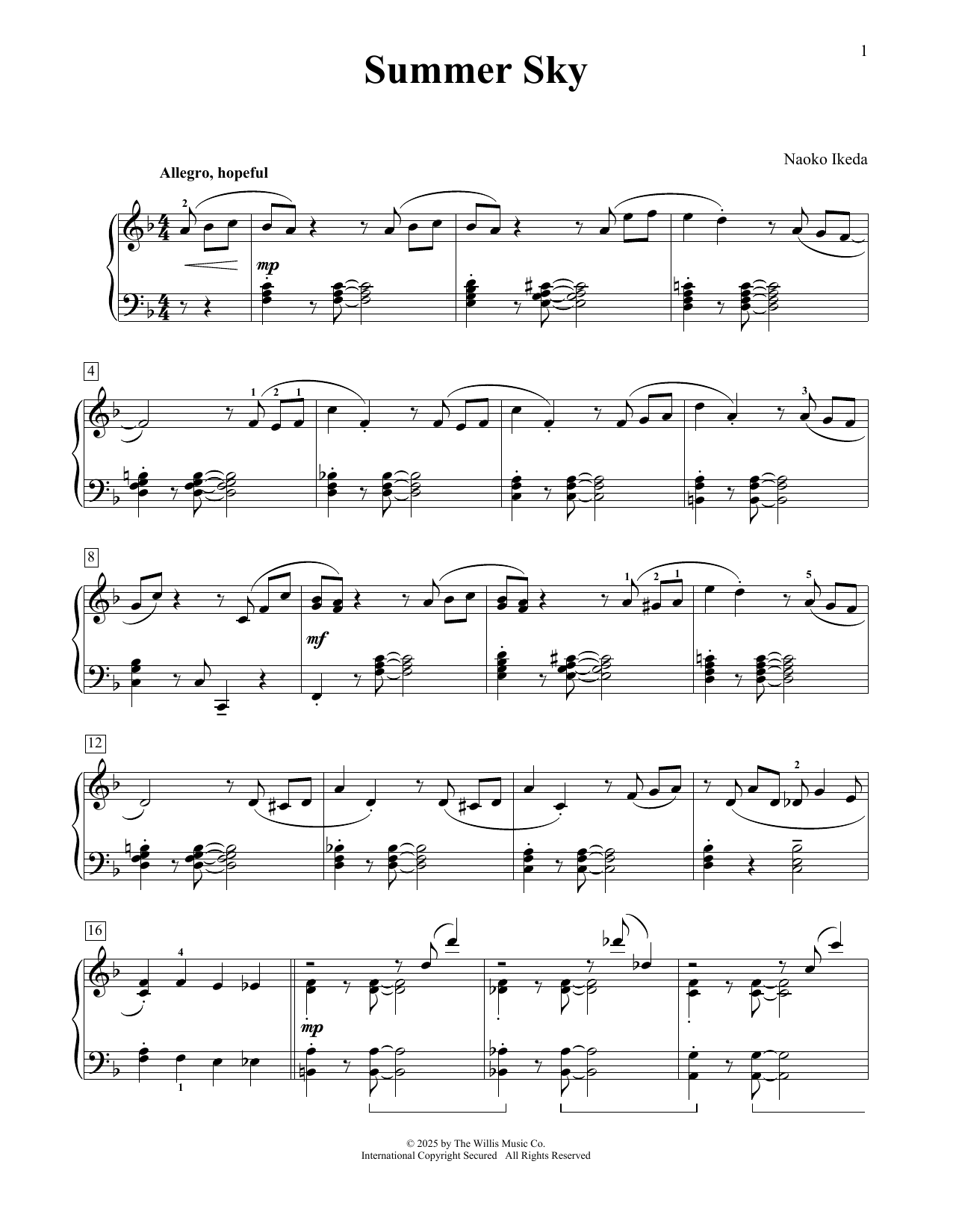 Naoko Ikeda Summer Sky sheet music notes and chords arranged for Educational Piano