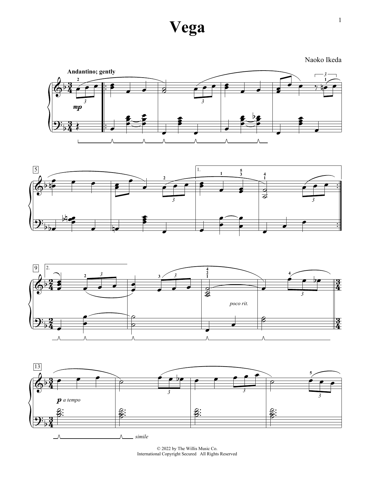 Naoko Ikeda Vega sheet music notes and chords arranged for Educational Piano