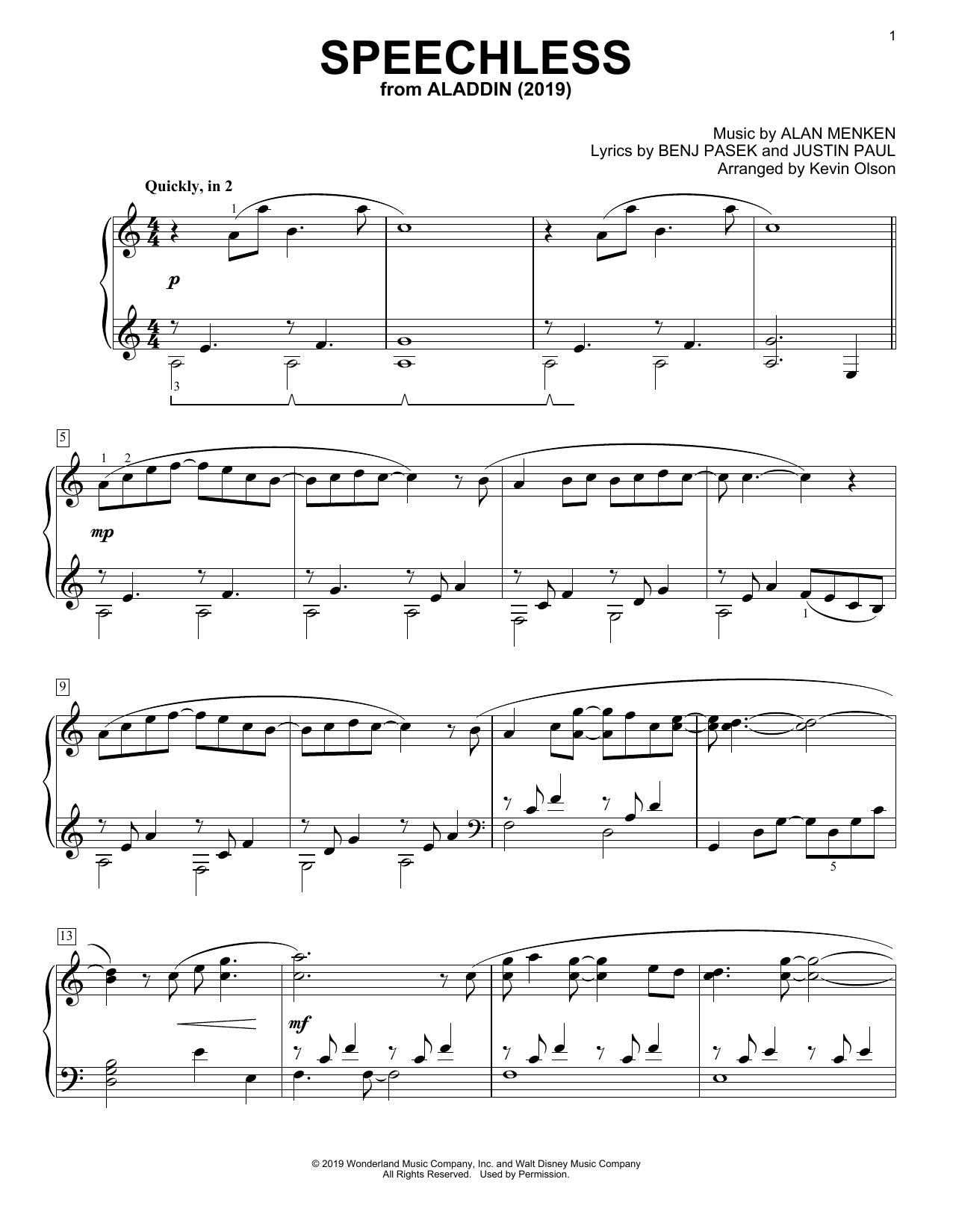 Naomi Scott Speechless (from Aladdin) (2019) (arr. Kevin Olson) sheet music notes and chords arranged for Easy Piano Solo