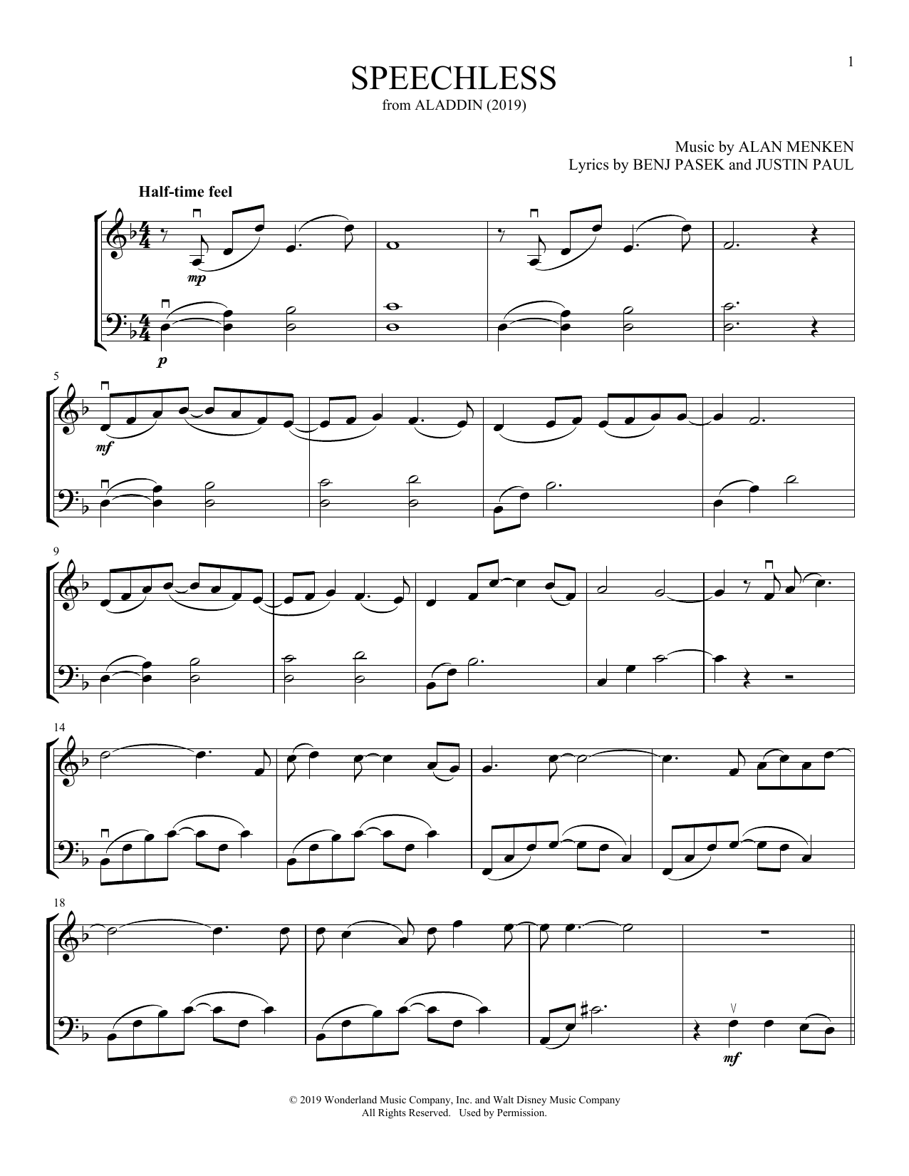 Naomi Scott Speechless (from Aladdin) (arr. Michelle Hynson) sheet music notes and chords arranged for Instrumental Duet
