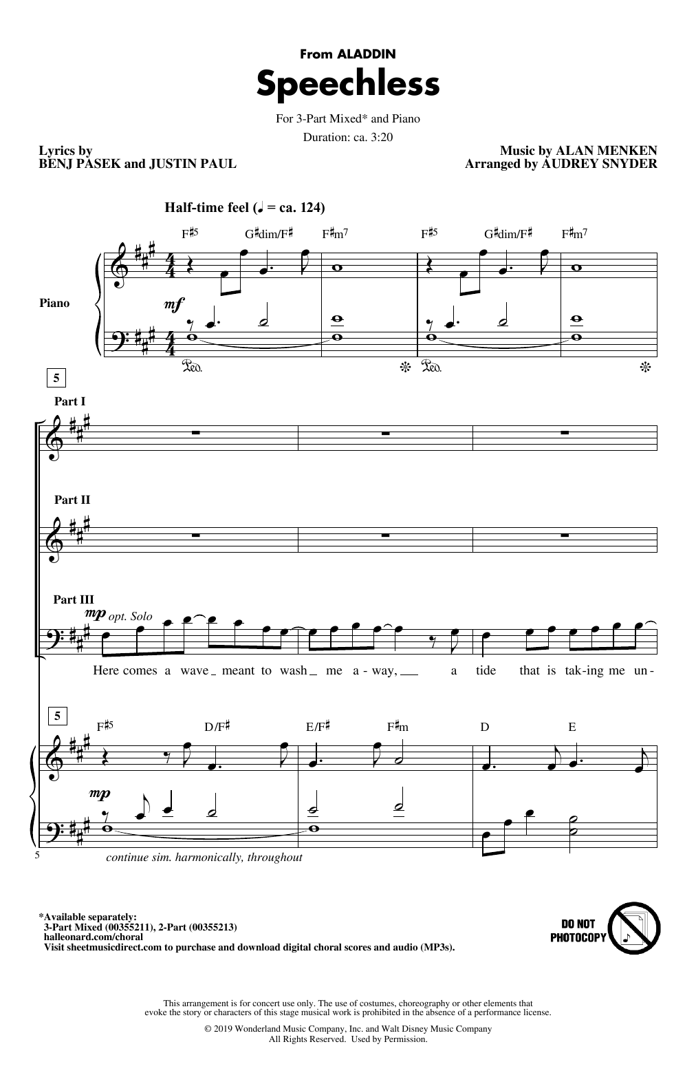 Naomi Scott Speechless (from Disney's Aladdin) (arr. Audrey Snyder) sheet music notes and chords arranged for 3-Part Mixed Choir