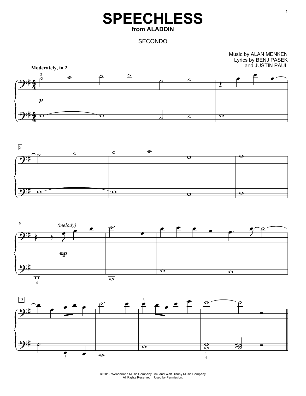 Naomi Scott Speechless (from Disney's Aladdin) (arr. David Pearl) sheet music notes and chords arranged for Piano Duet