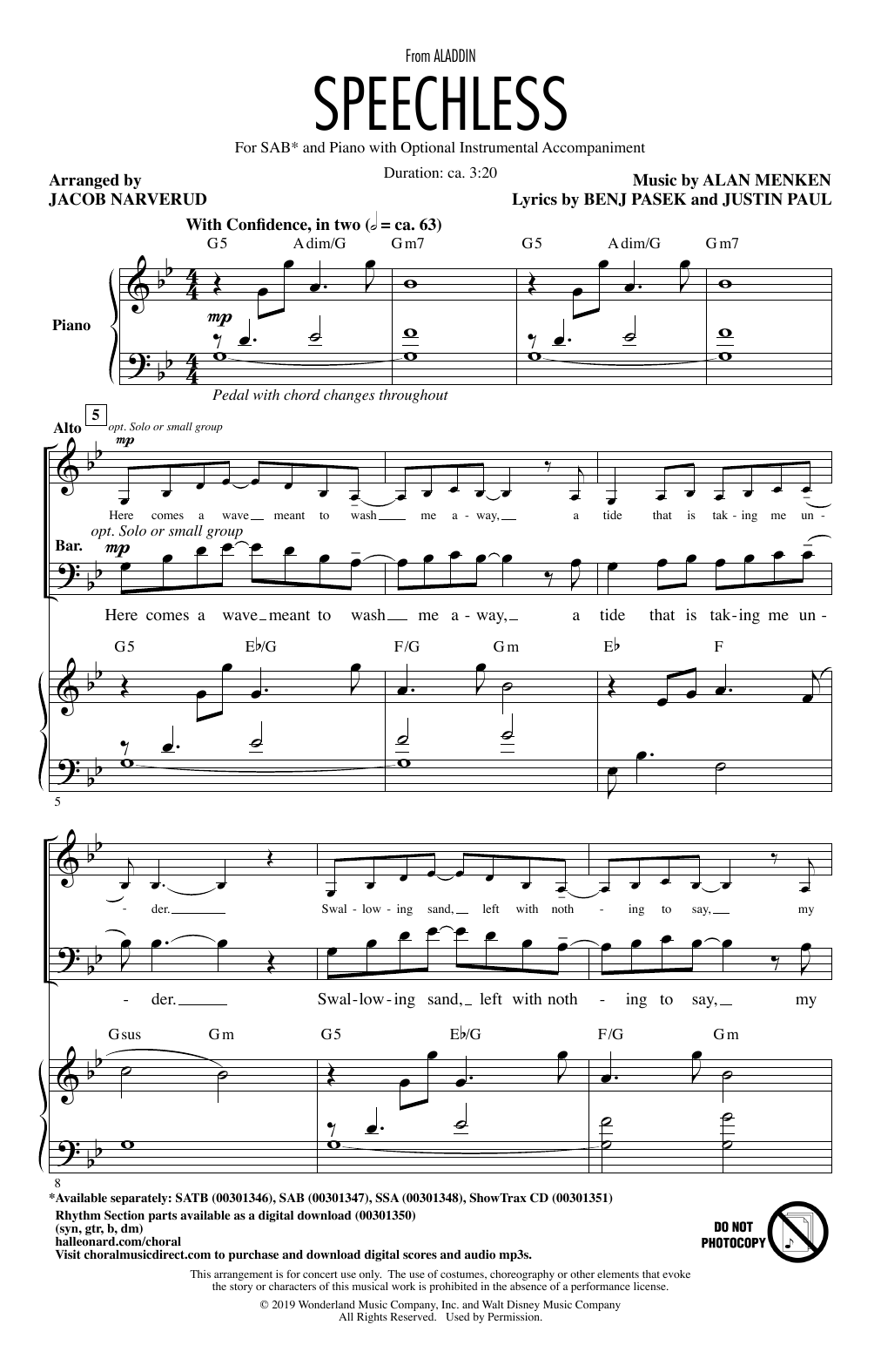 Naomi Scott Speechless (from Disney's Aladdin) (arr. Jacob Narverud) sheet music notes and chords arranged for SAB Choir
