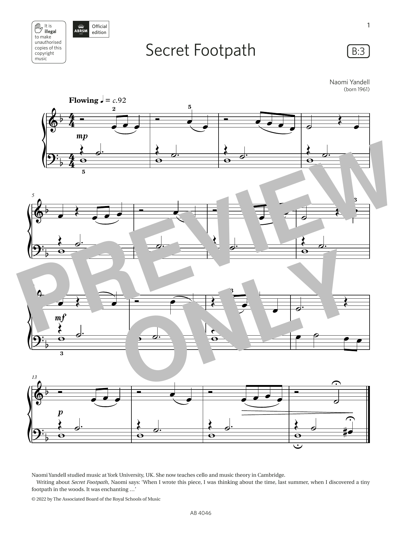 Naomi Yandell Secret Footpath (Grade Initial, list B3, from the ABRSM Piano Syllabus 2023 & 2024) sheet music notes and chords arranged for Piano Solo