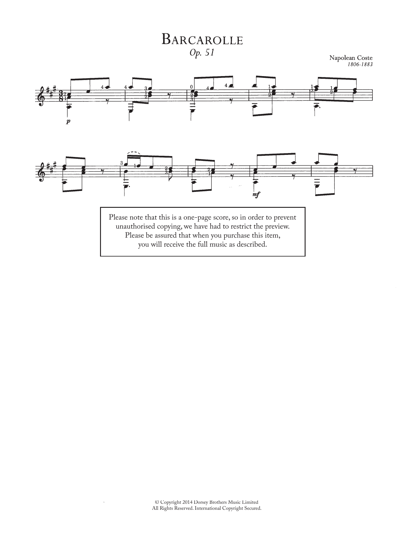 Napoleon Coste Barcarolle, Op.51 sheet music notes and chords arranged for Easy Guitar