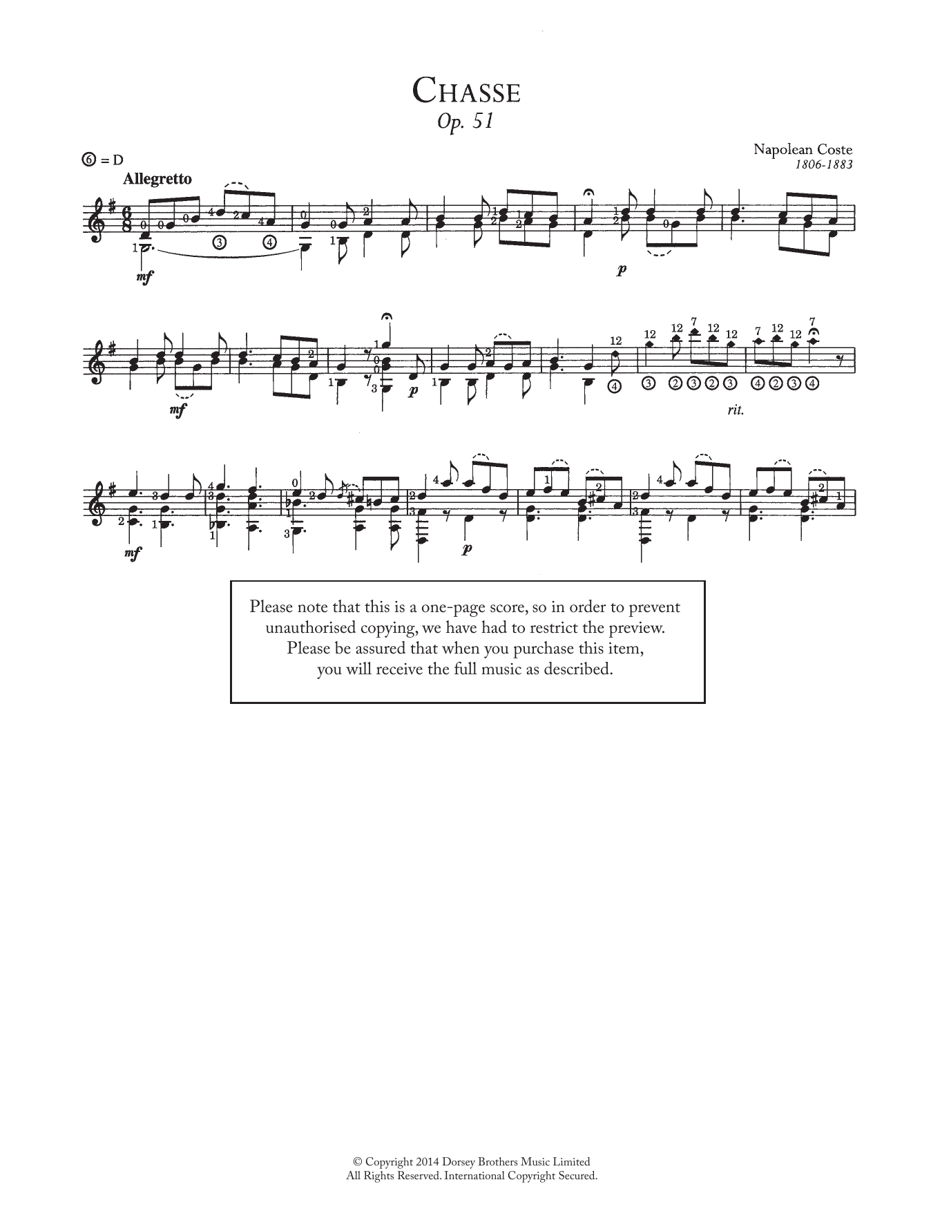 Napoleon Coste Chasse, Op.51 sheet music notes and chords arranged for Easy Guitar