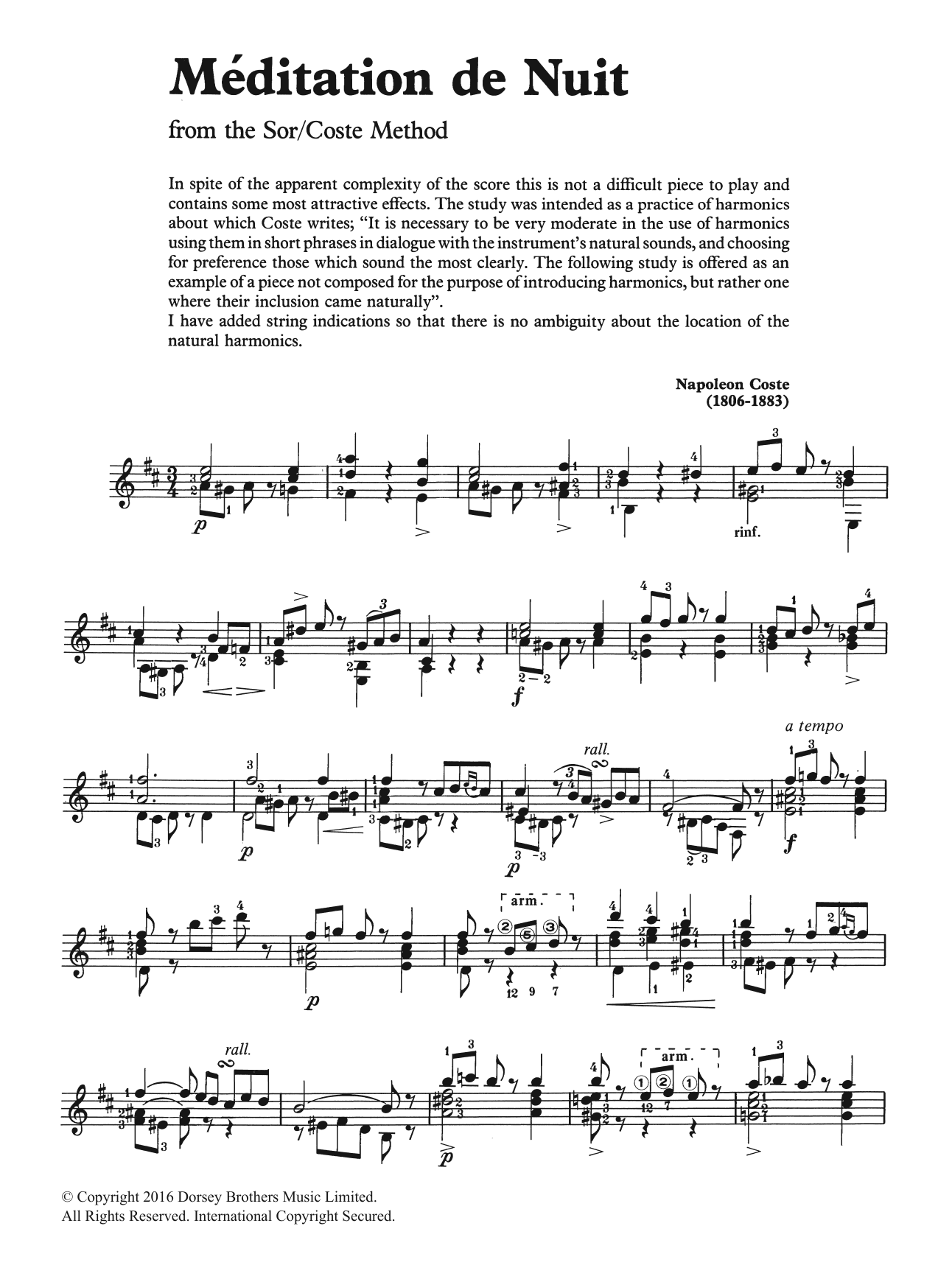 Napoleon Coste Meditation De Nuit sheet music notes and chords arranged for Easy Guitar
