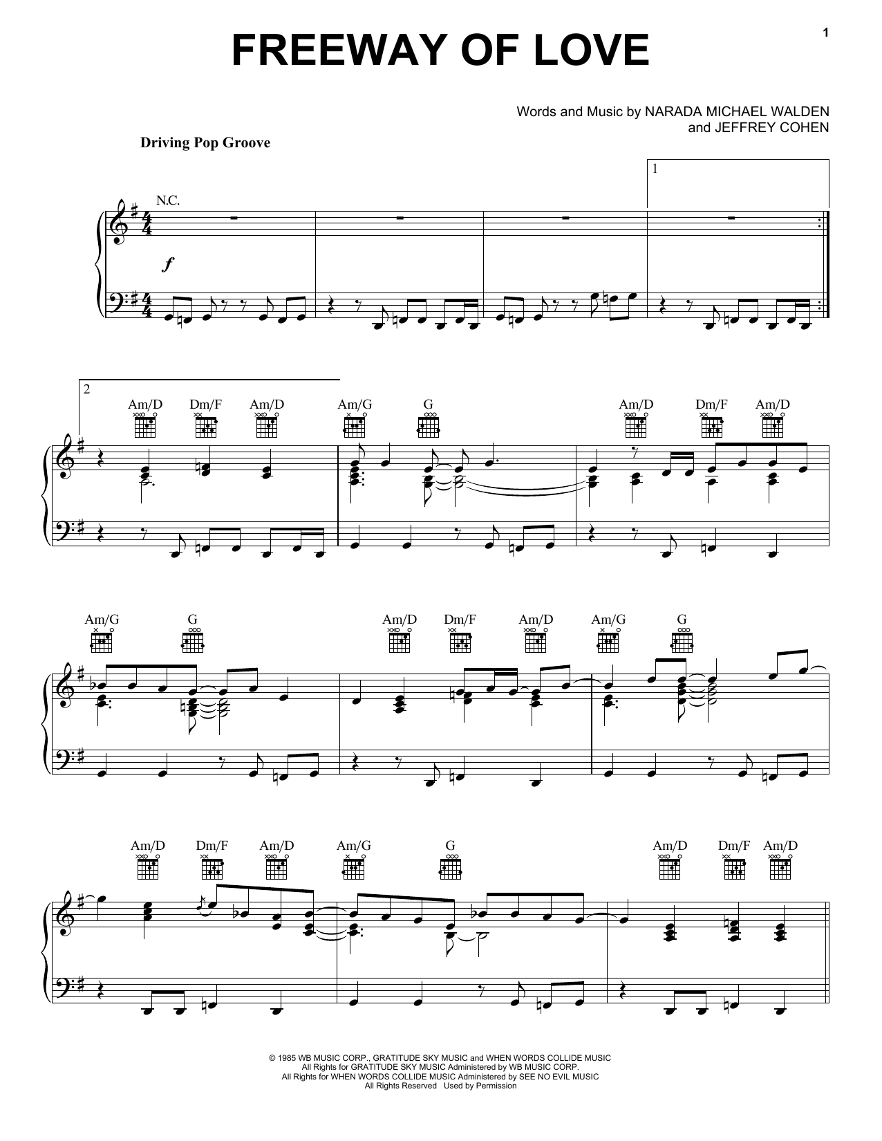 Narada Michael Walden Freeway Of Love sheet music notes and chords arranged for Piano, Vocal & Guitar Chords (Right-Hand Melody)