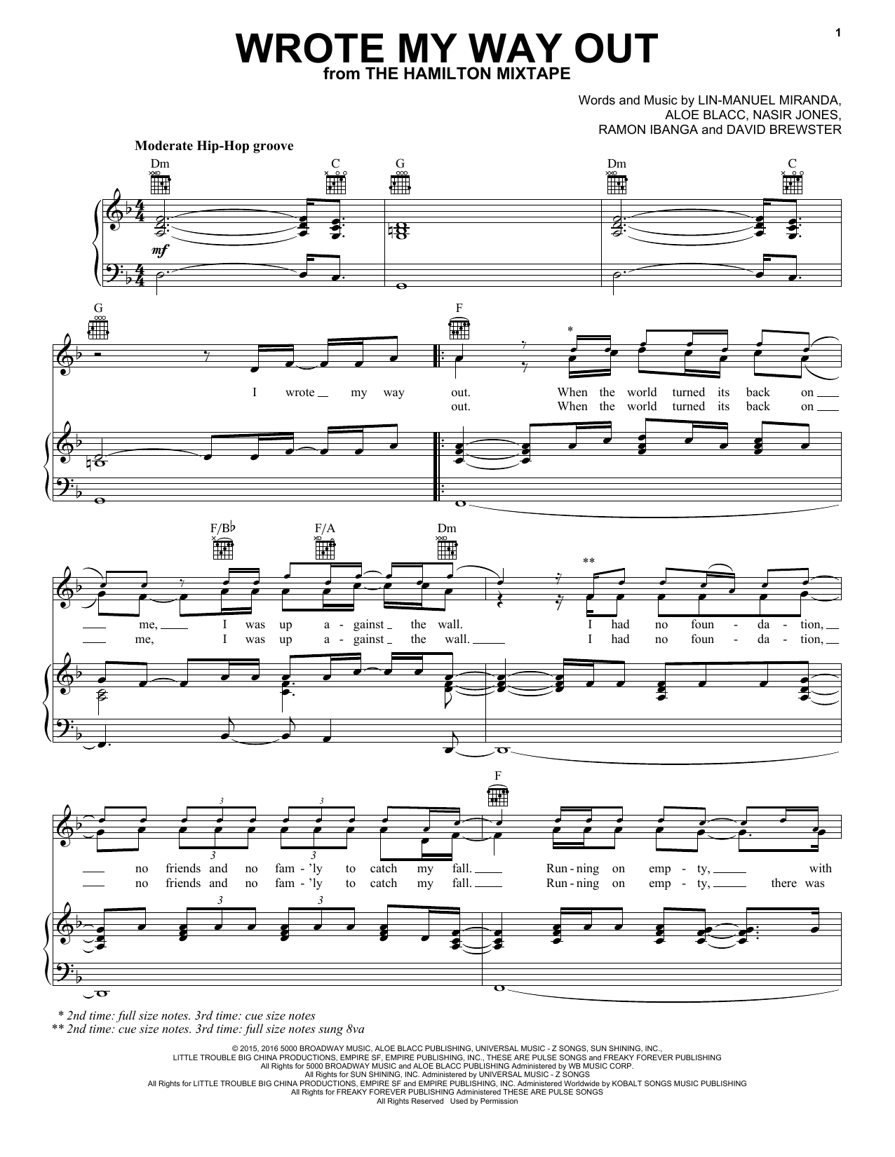 Nas, Dave East, Lin-Manuel Miranda, Aloe Blacc Wrote My Way Out sheet music notes and chords arranged for Piano, Vocal & Guitar Chords (Right-Hand Melody)