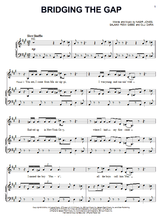 Nas featuring Olu Dara Bridging The Gap sheet music notes and chords arranged for Piano, Vocal & Guitar Chords (Right-Hand Melody)