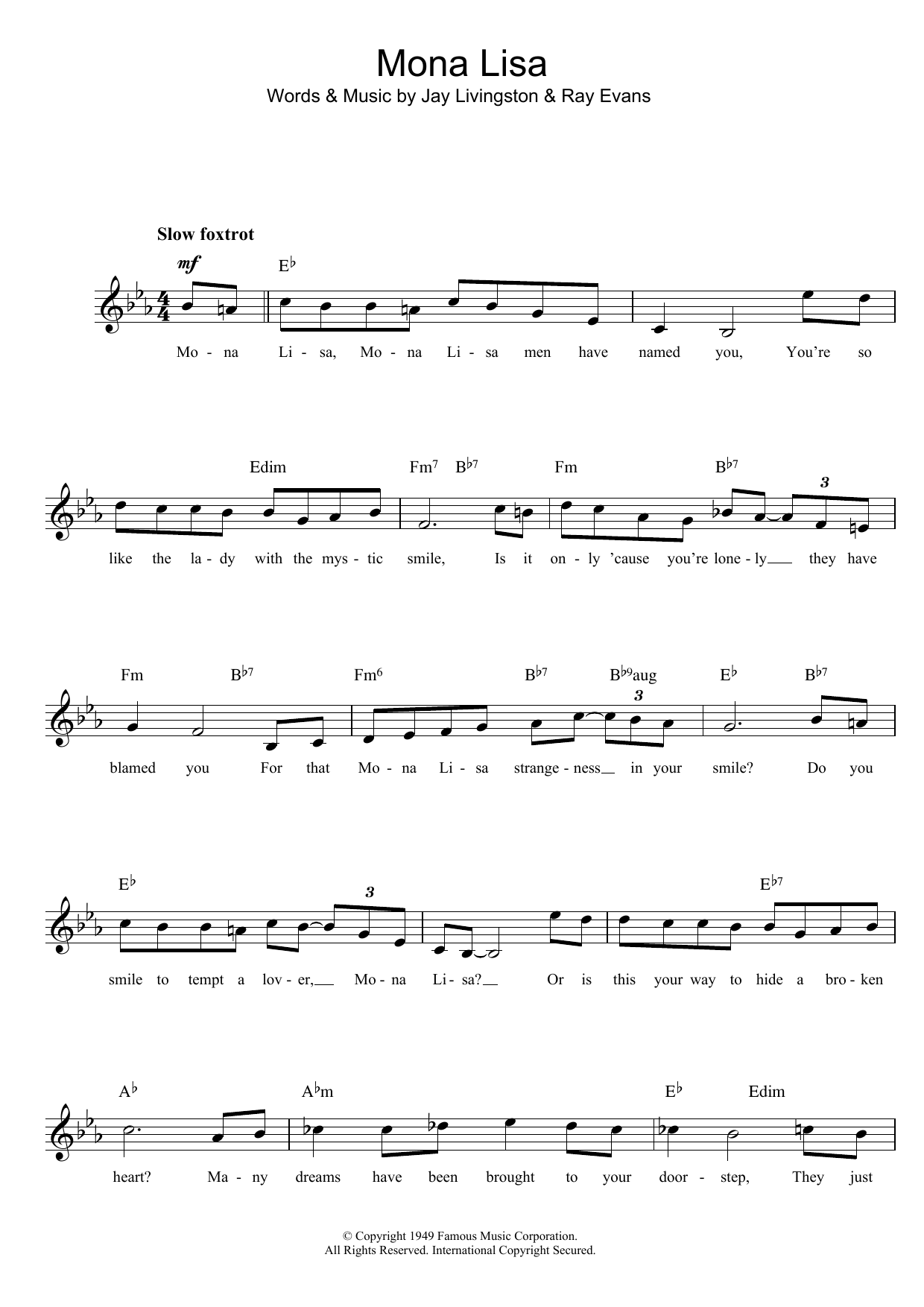 Nat King Cole Mona Lisa sheet music notes and chords arranged for Piano Duet