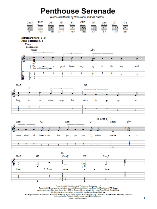 Nat King Cole Penthouse Serenade sheet music notes and chords arranged for Easy Guitar Tab