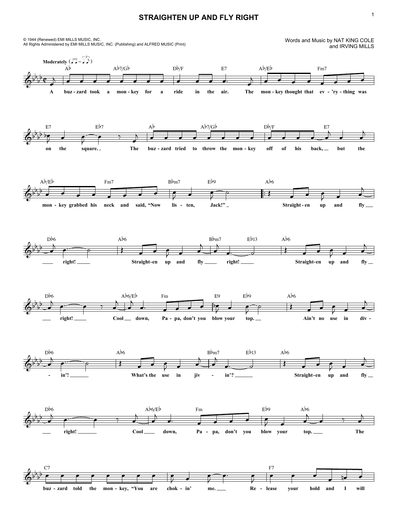 Nat King Cole Straighten Up And Fly Right sheet music notes and chords arranged for Lead Sheet / Fake Book