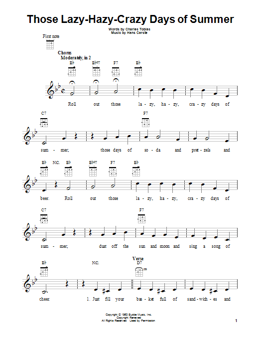 Nat King Cole Those Lazy-Hazy-Crazy Days Of Summer sheet music notes and chords arranged for Ukulele