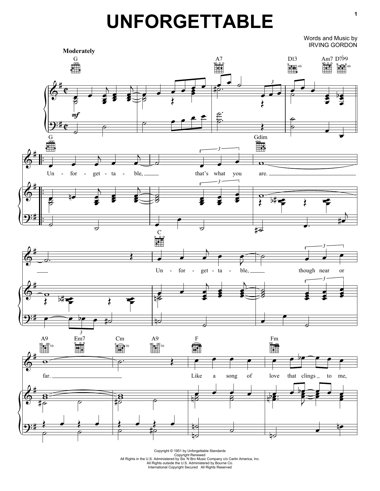 Nat King Cole Unforgettable sheet music notes and chords arranged for Piano, Vocal & Guitar Chords (Right-Hand Melody)