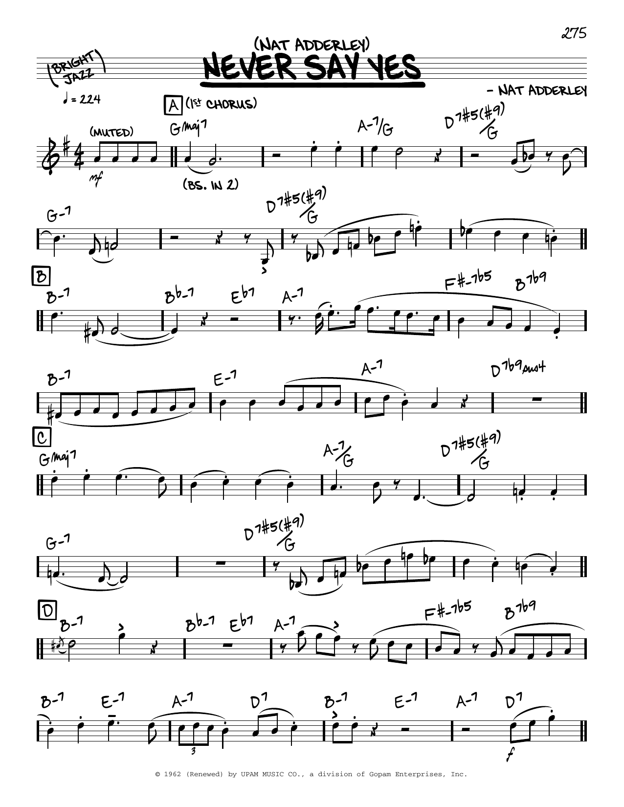 Nat Adderley Never Say Yes (solo only) sheet music notes and chords arranged for Real Book – Melody & Chords