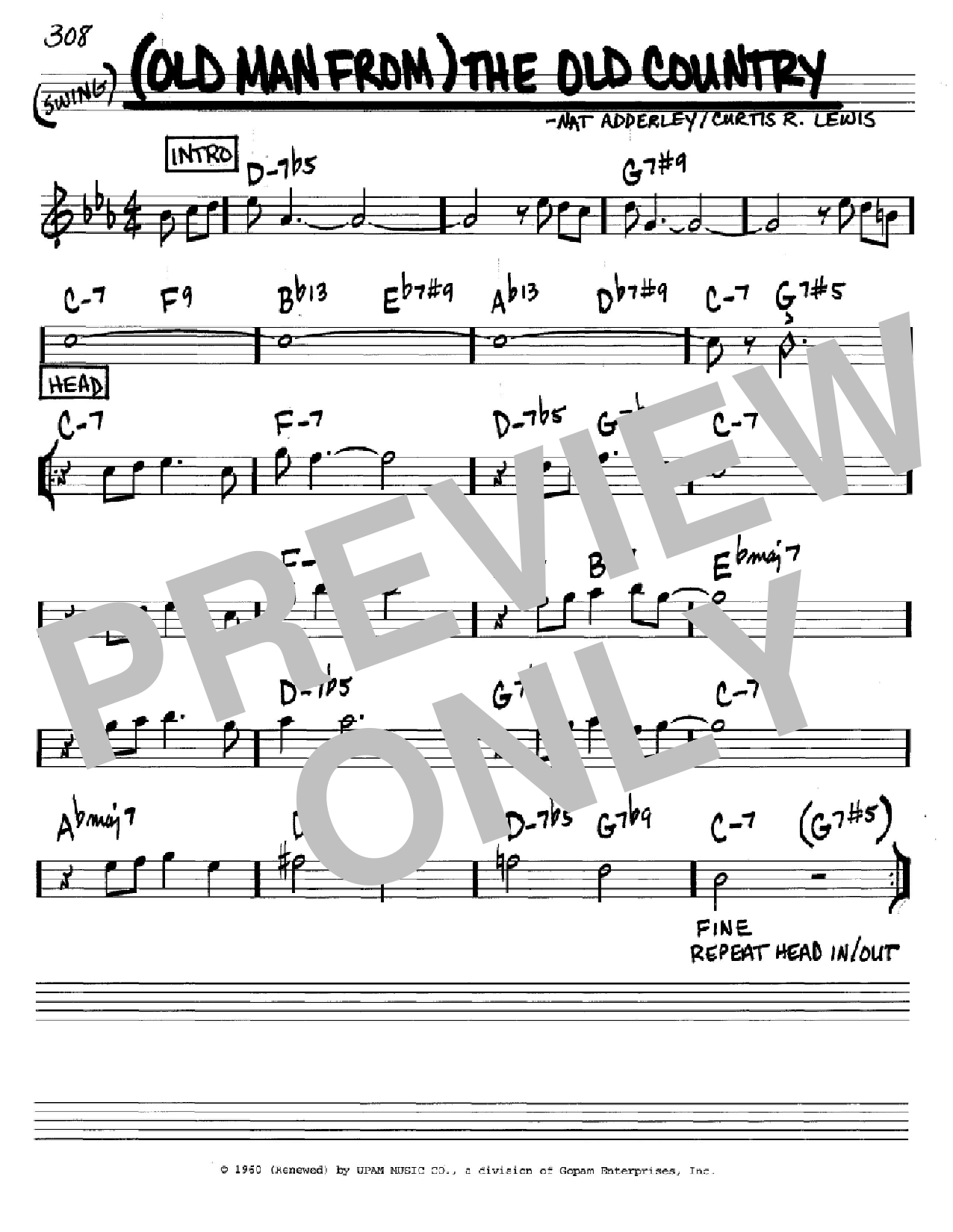 Nat Adderley (Old Man From) The Old Country sheet music notes and chords arranged for Real Book – Melody & Chords – Bass Clef Instruments