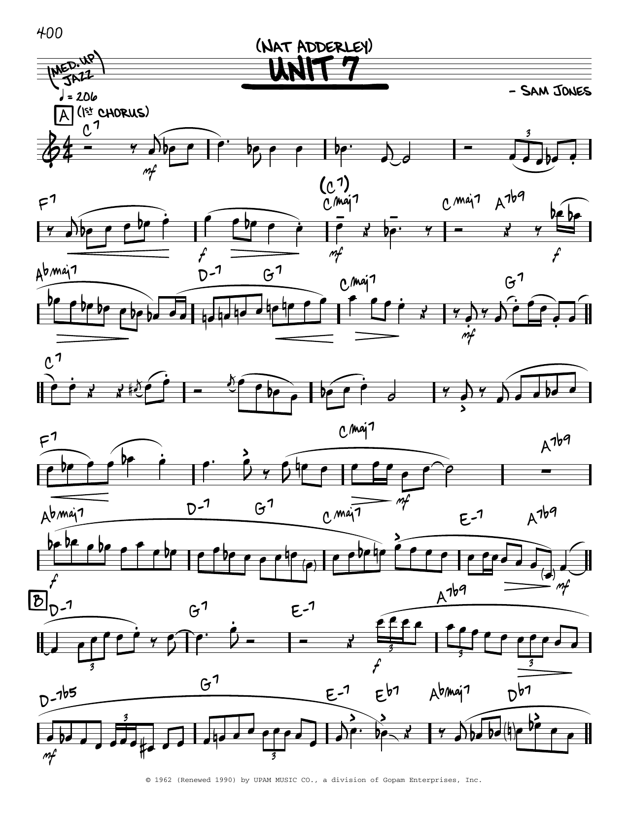 Nat Adderley Unit 7 (solo only) sheet music notes and chords arranged for Real Book – Melody & Chords