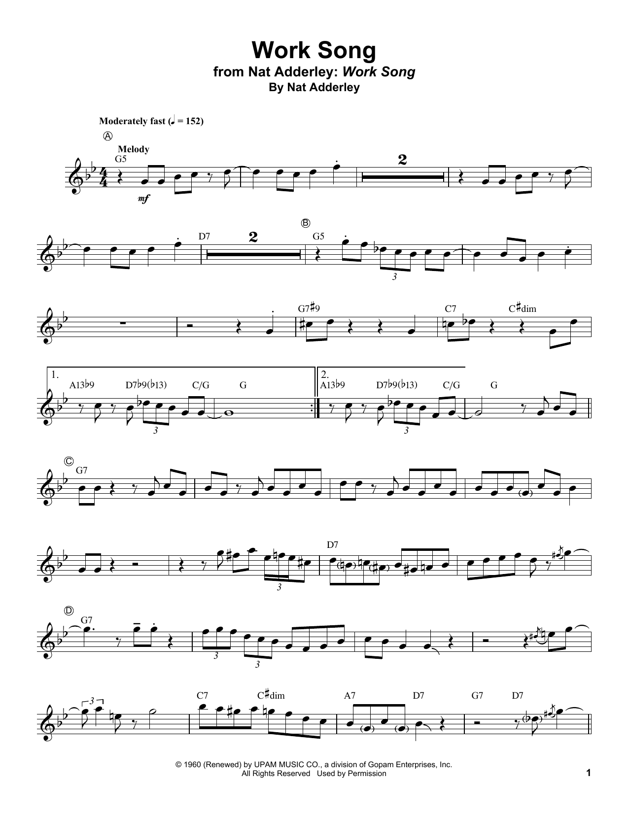 Nat Adderley Work Song sheet music notes and chords arranged for Trumpet Transcription