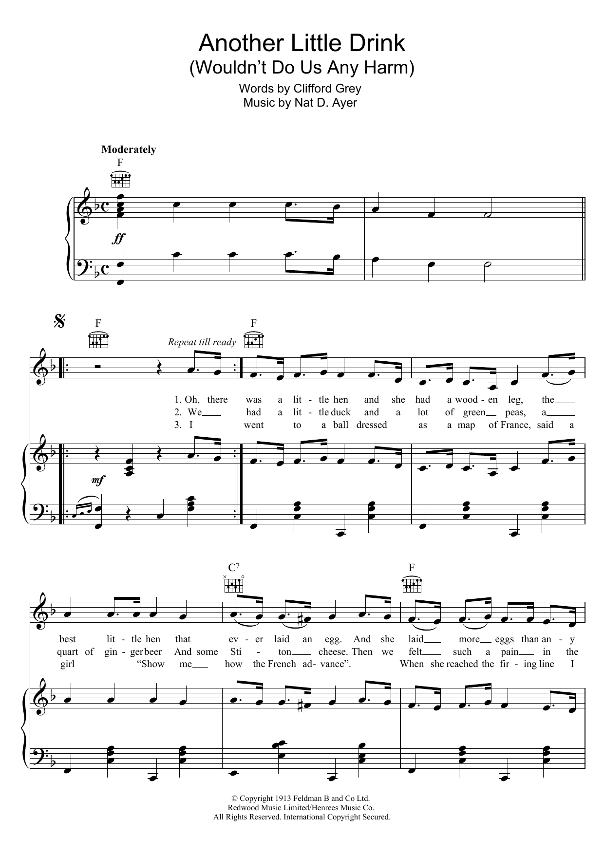 Nat D. Ayer Another Little Drink Wouldn't Do Us Any Harm sheet music notes and chords arranged for Piano, Vocal & Guitar Chords