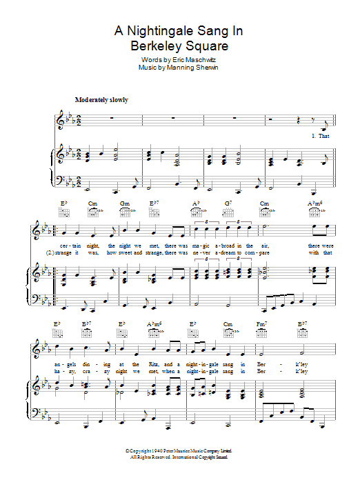 Nat King Cole A Nightingale Sang In Berkeley Square sheet music notes and chords arranged for Piano, Vocal & Guitar Chords (Right-Hand Melody)