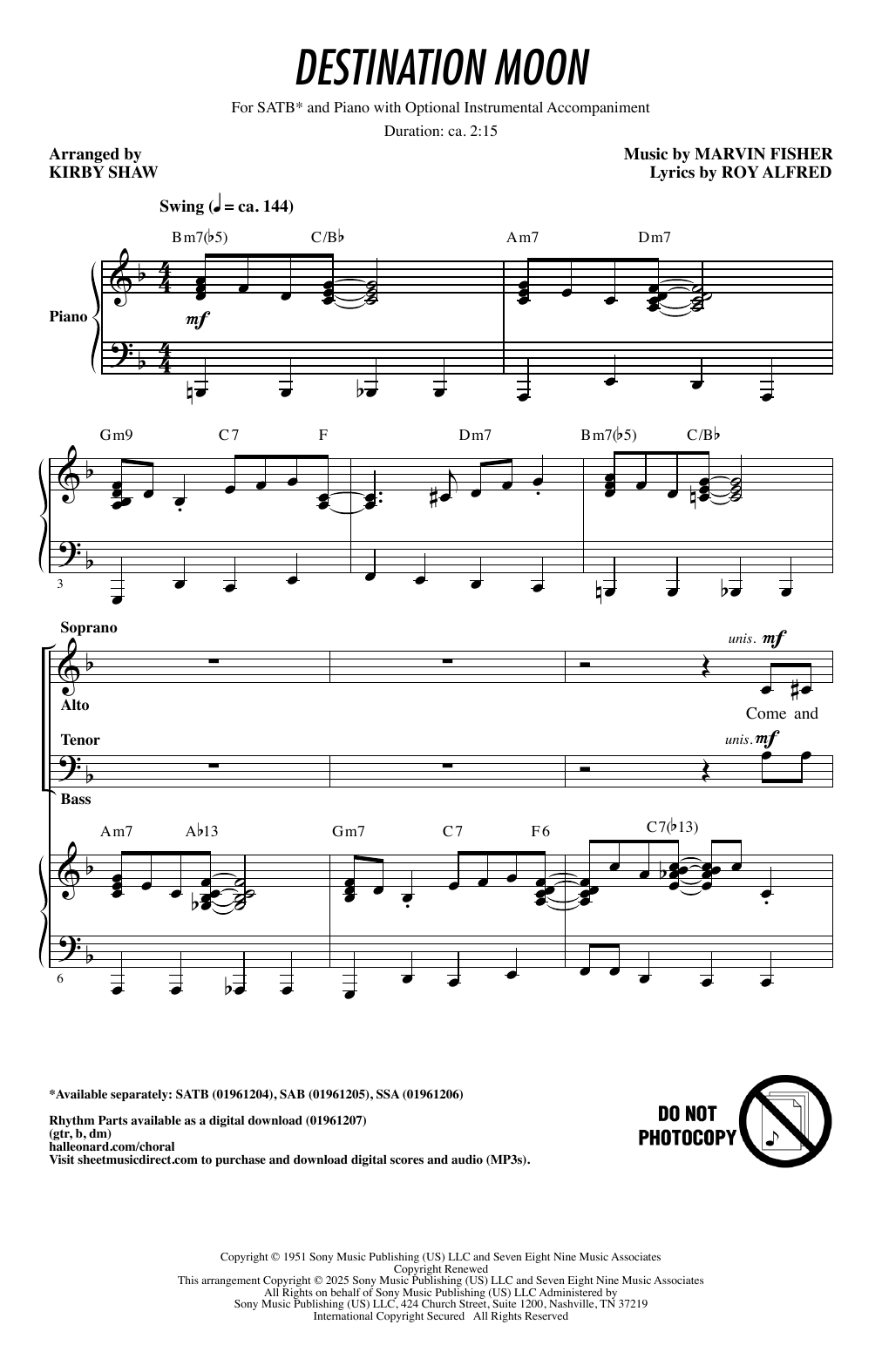 Nat King Cole Destination Moon (arr. Kirby Shaw) sheet music notes and chords arranged for SAB Choir