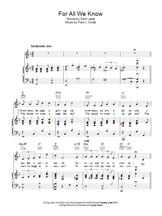 Nat King Cole For All We Know sheet music notes and chords arranged for Piano, Vocal & Guitar Chords