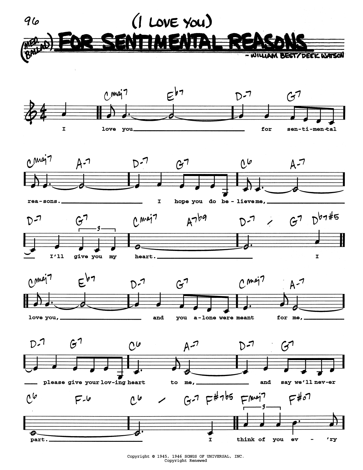 Nat King Cole (I Love You) For Sentimental Reasons (Low Voice) sheet music notes and chords arranged for Real Book – Melody, Lyrics & Chords