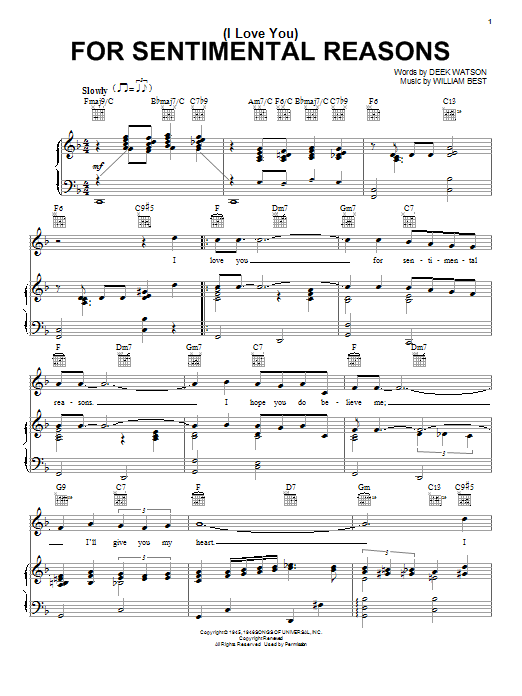Nat King Cole (I Love You) For Sentimental Reasons sheet music notes and chords arranged for Piano, Vocal & Guitar Chords