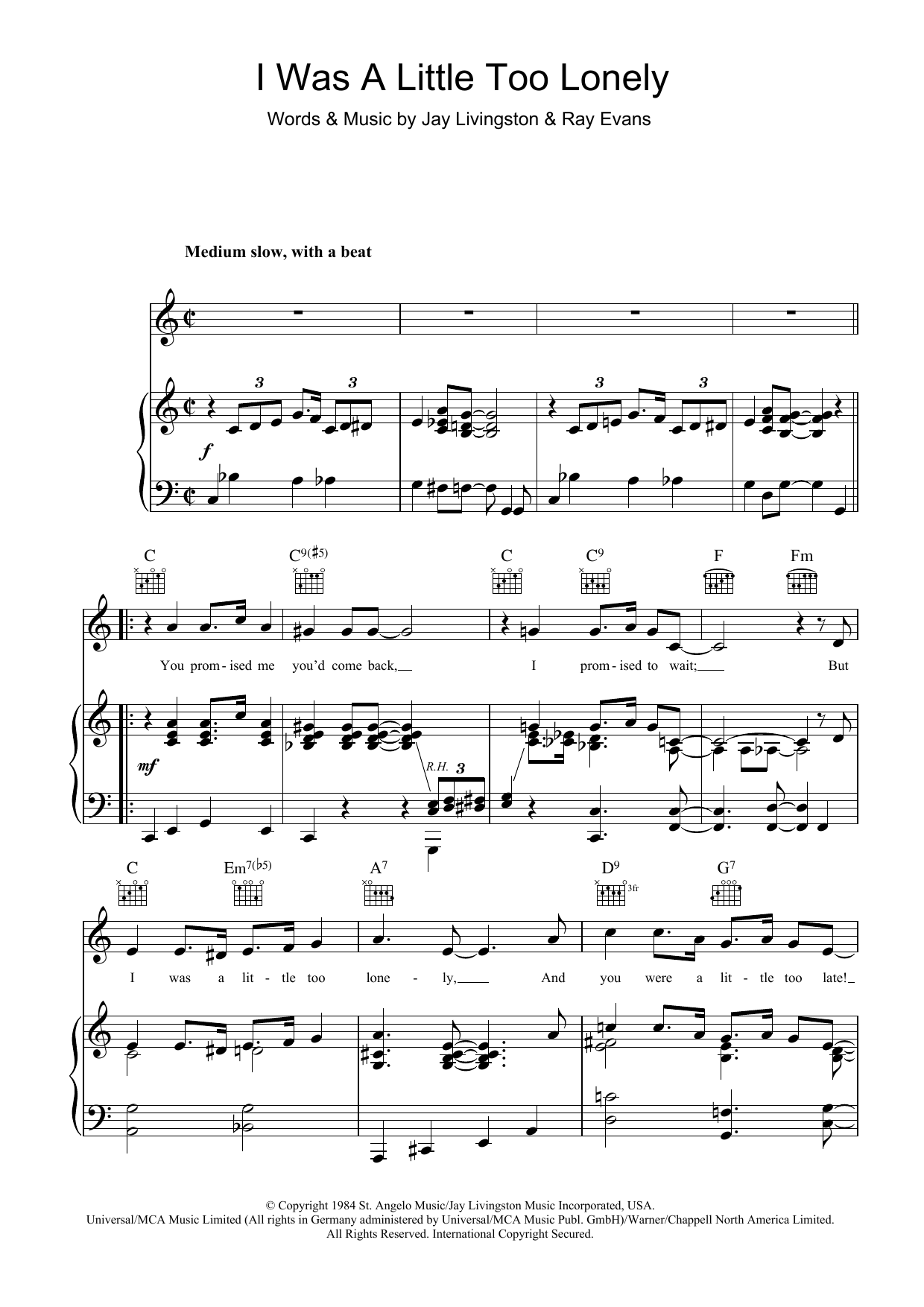 Nat King Cole I Was A Little Too Lonely sheet music notes and chords arranged for Piano, Vocal & Guitar Chords