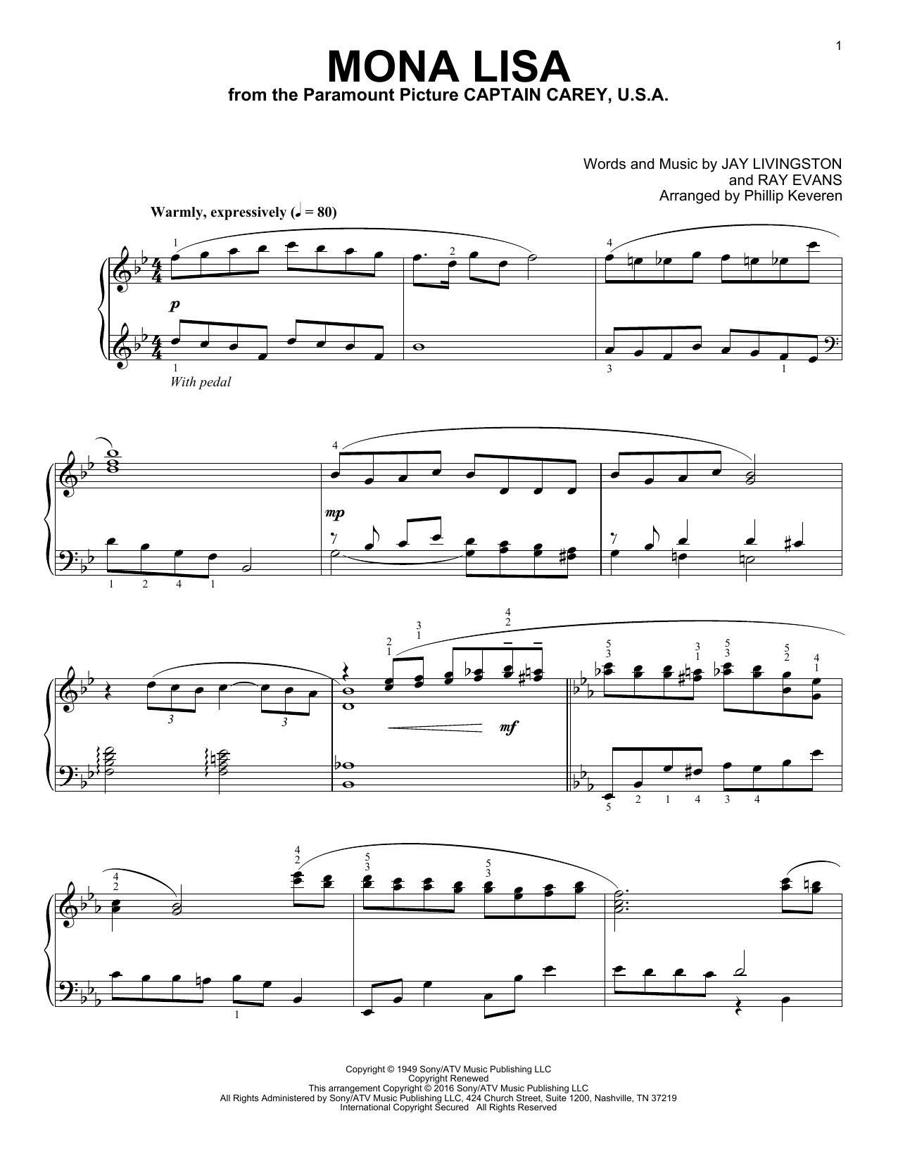 Nat King Cole Mona Lisa (arr. Phillip Keveren) sheet music notes and chords arranged for Piano Solo