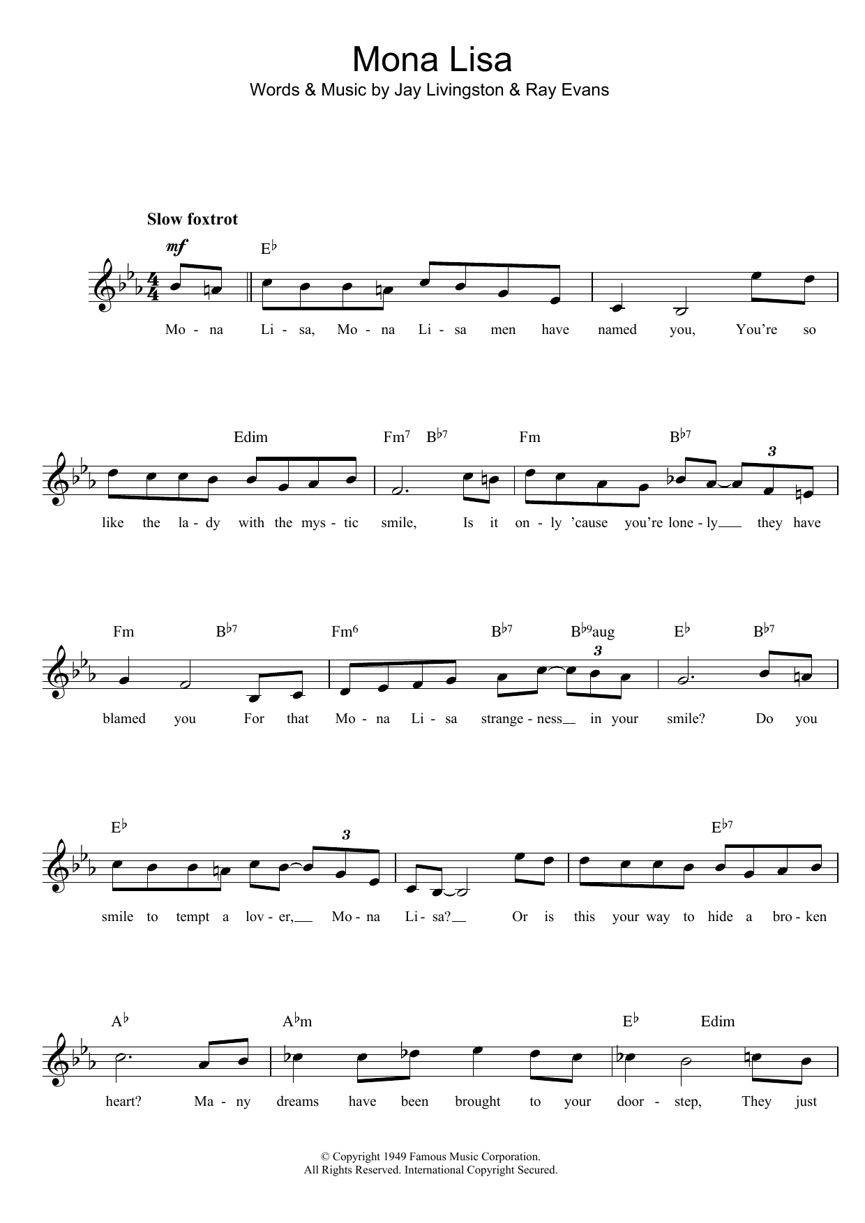 Nat King Cole Mona Lisa sheet music notes and chords arranged for Piano Chords/Lyrics
