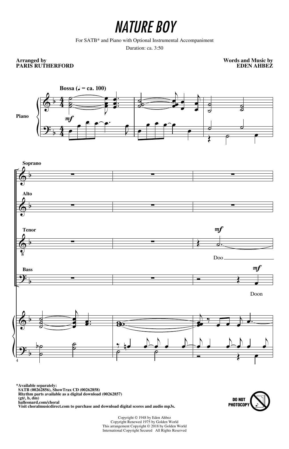 Nat King Cole Nature Boy (arr. Paris Rutherford) sheet music notes and chords arranged for SATB Choir