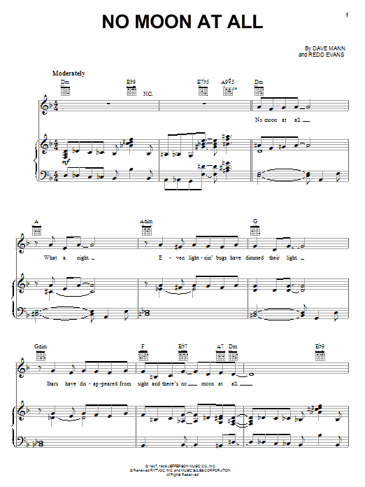 Nat King Cole No Moon At All sheet music notes and chords arranged for Piano, Vocal & Guitar Chords (Right-Hand Melody)
