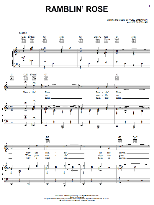 Nat King Cole Ramblin' Rose sheet music notes and chords arranged for Piano, Vocal & Guitar Chords (Right-Hand Melody)