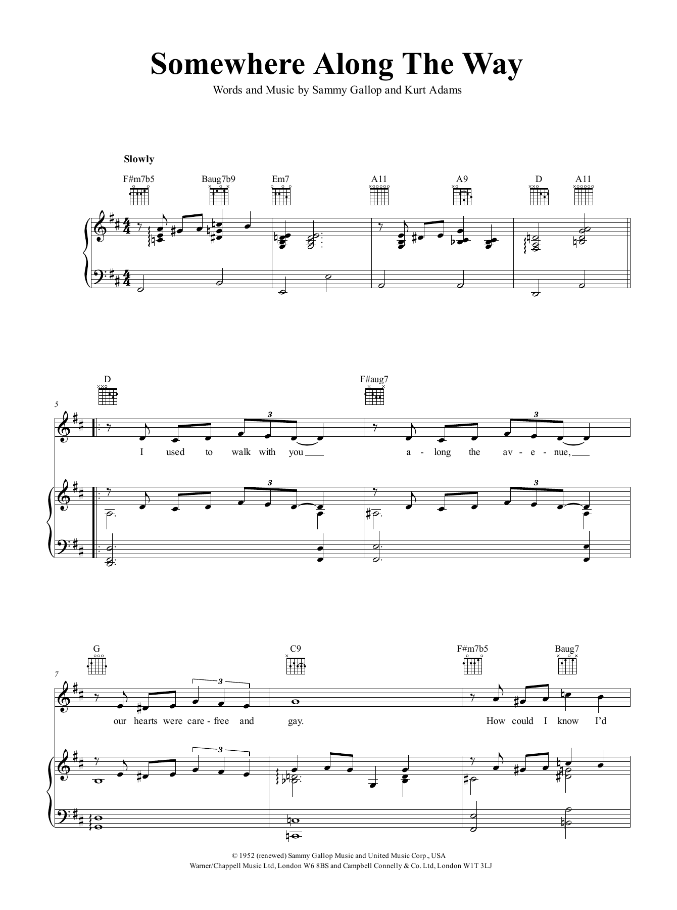 Nat King Cole Somewhere Along The Way sheet music notes and chords arranged for Piano, Vocal & Guitar Chords (Right-Hand Melody)