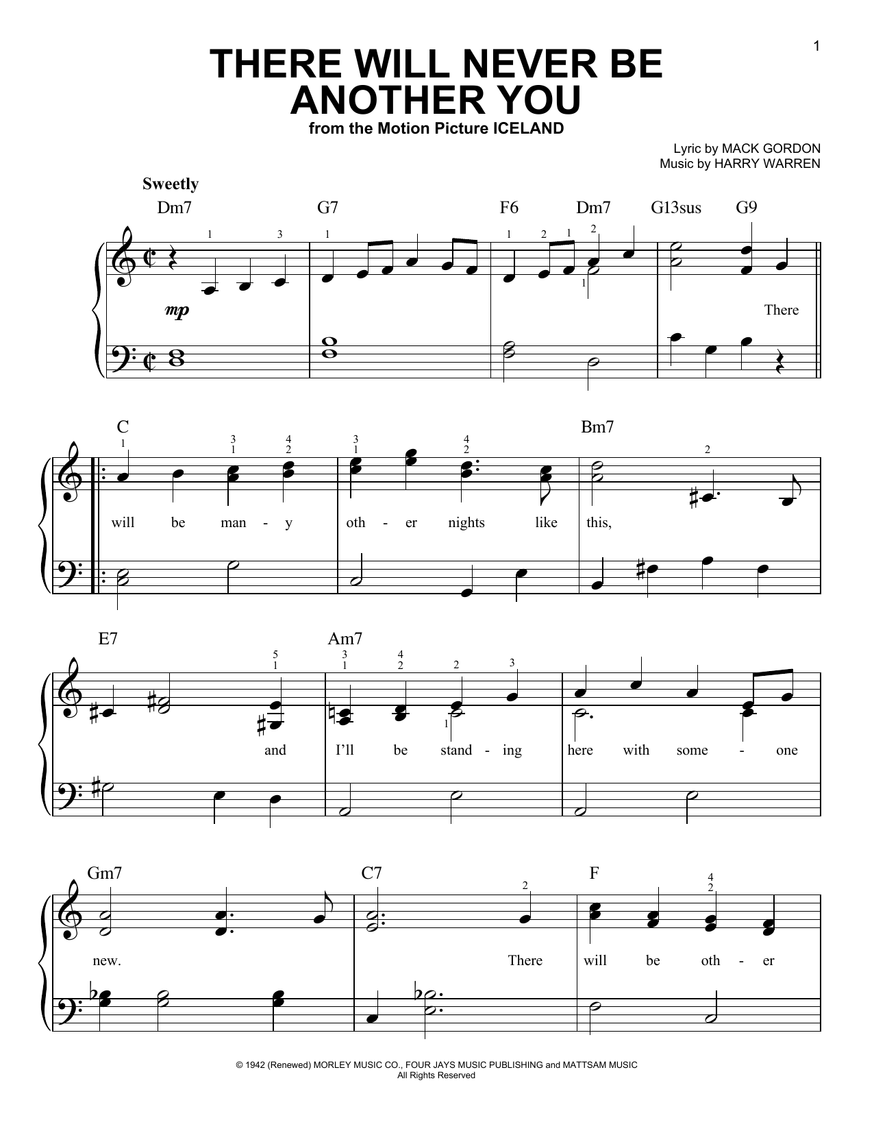 Nat King Cole There Will Never Be Another You sheet music notes and chords arranged for Easy Piano