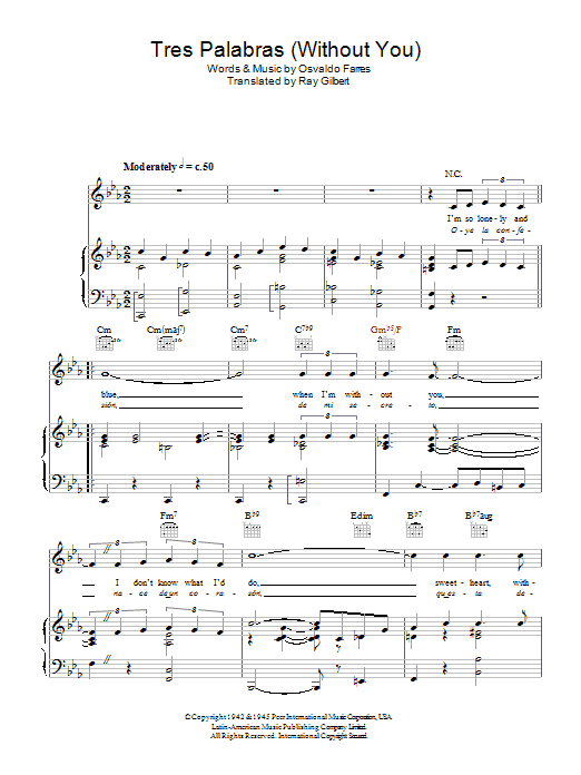 Nat King Cole Tres Palabras (Without You) sheet music notes and chords arranged for Piano Solo