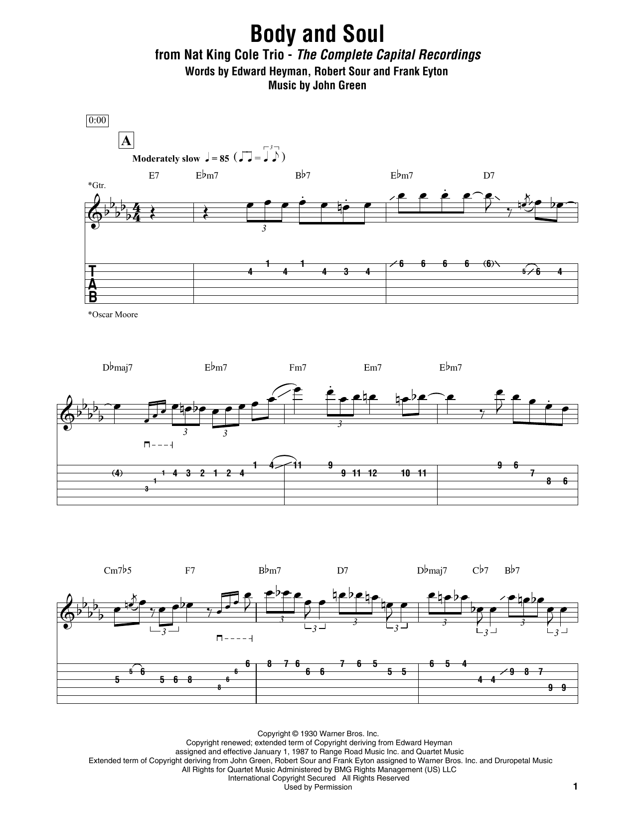 Nat King Cole Trio Body And Soul sheet music notes and chords arranged for Electric Guitar Transcription