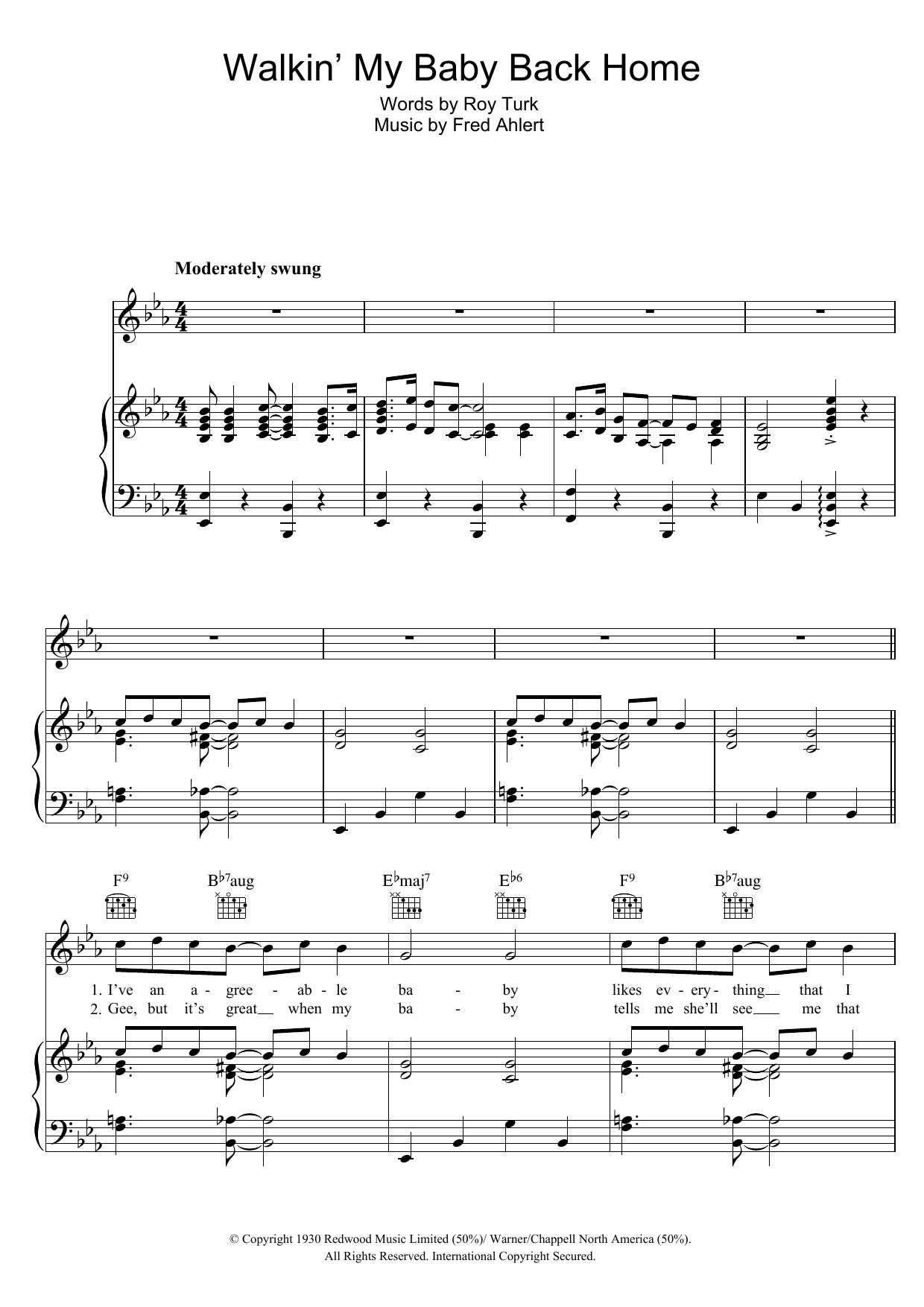 Nat King Cole Walkin' My Baby Back Home sheet music notes and chords arranged for Piano, Vocal & Guitar Chords