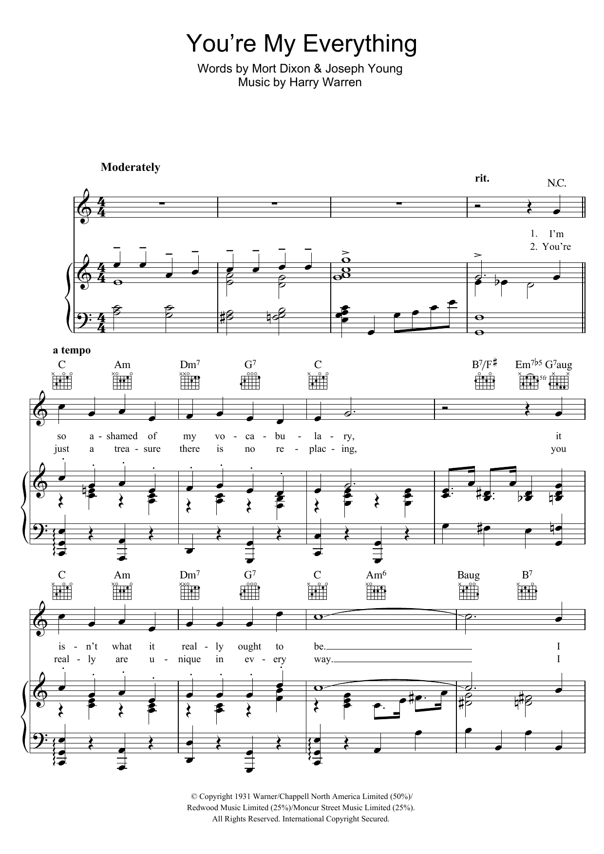 Nat King Cole You're My Everything sheet music notes and chords arranged for Piano, Vocal & Guitar Chords