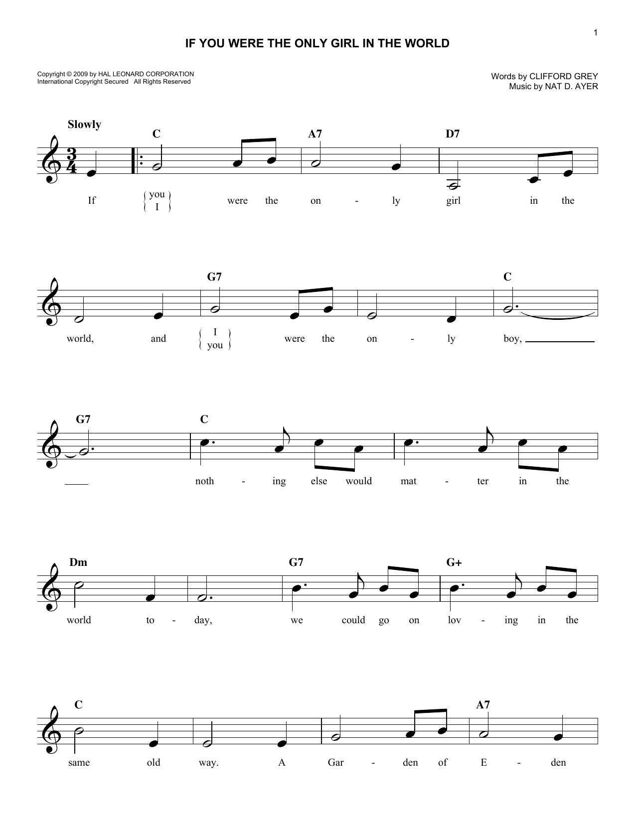 Nat D. Ayer If You Were The Only Girl In The World sheet music notes and chords. Download Printable PDF.