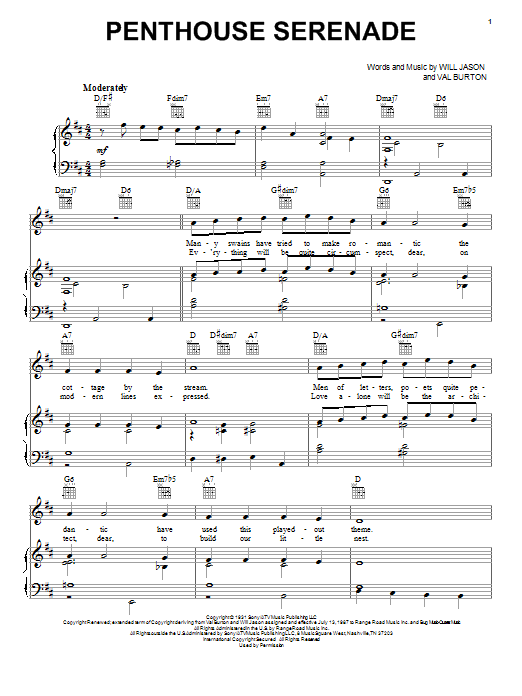 Nat King Cole Penthouse Serenade sheet music notes and chords. Download Printable PDF.