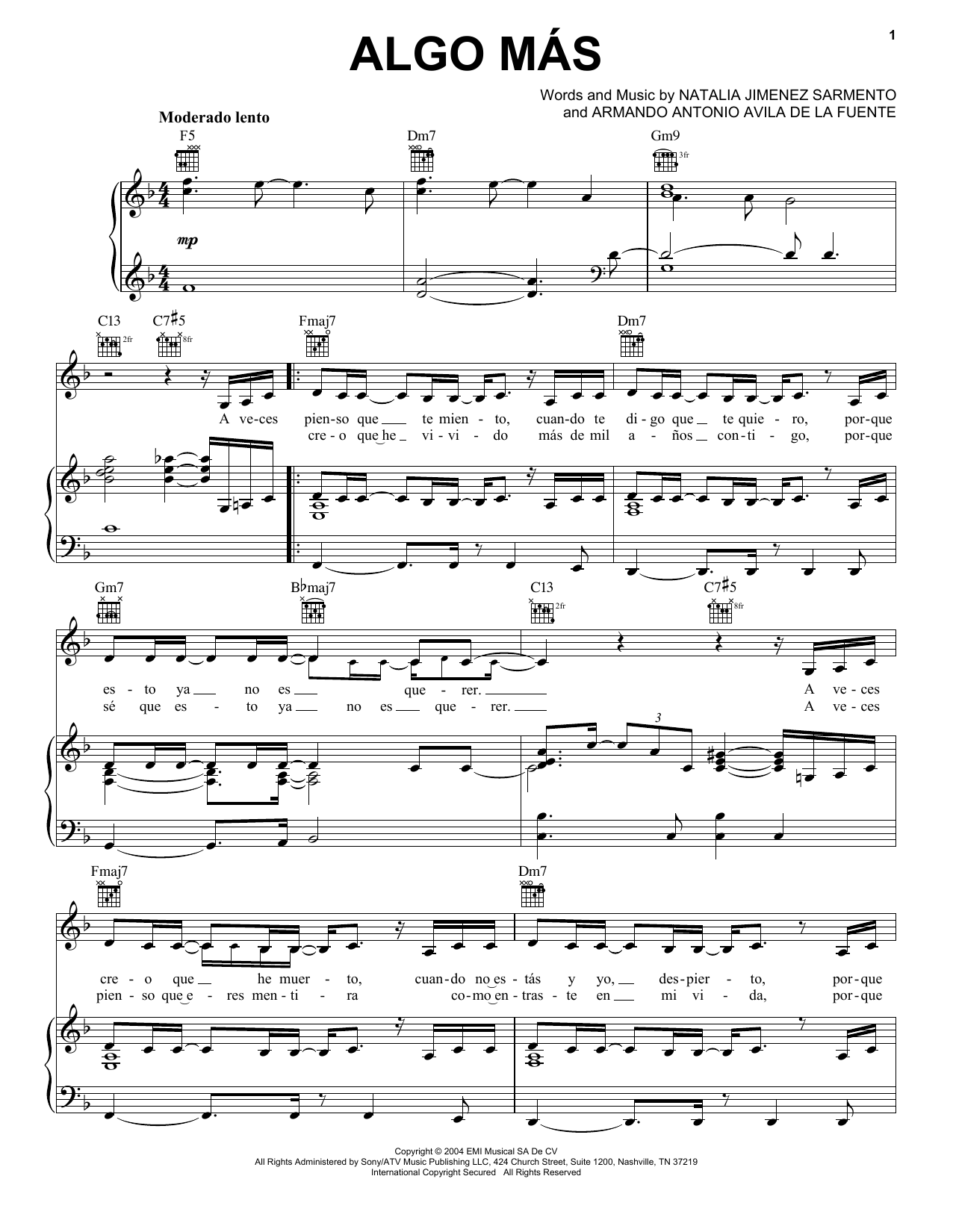 Natalia Jimenez Sarmiento Algo Mas sheet music notes and chords arranged for Piano, Vocal & Guitar Chords (Right-Hand Melody)