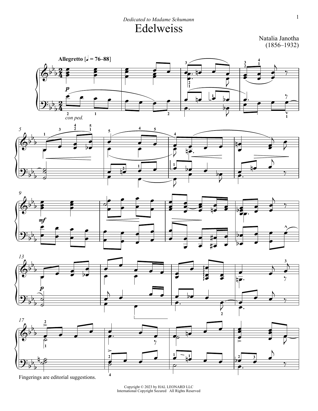 Natalia Jonatha Edelweiss sheet music notes and chords arranged for Piano Solo