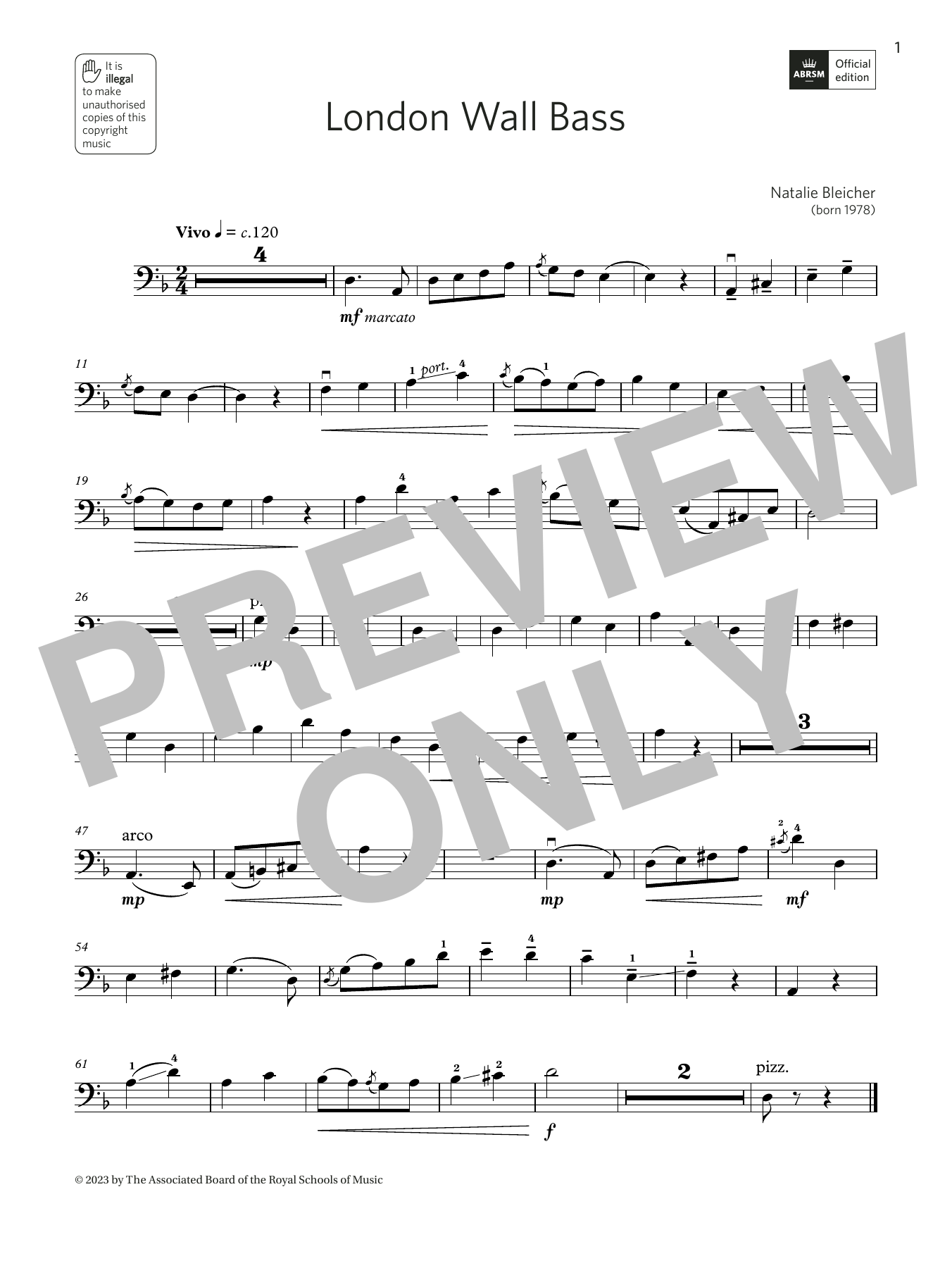 Natalie Bleicher London Wall Bass (Grade 4, C12, from the ABRSM Double Bass Syllabus from 2024) sheet music notes and chords arranged for String Bass Solo