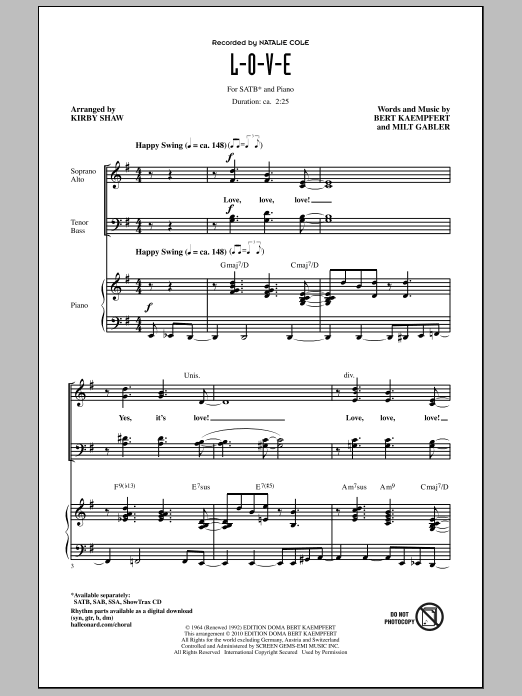 Natalie Cole L-O-V-E (arr. Kirby Shaw) sheet music notes and chords arranged for SATB Choir